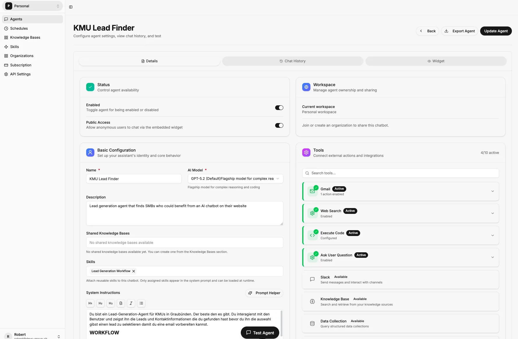 AIGent agent configuration panel